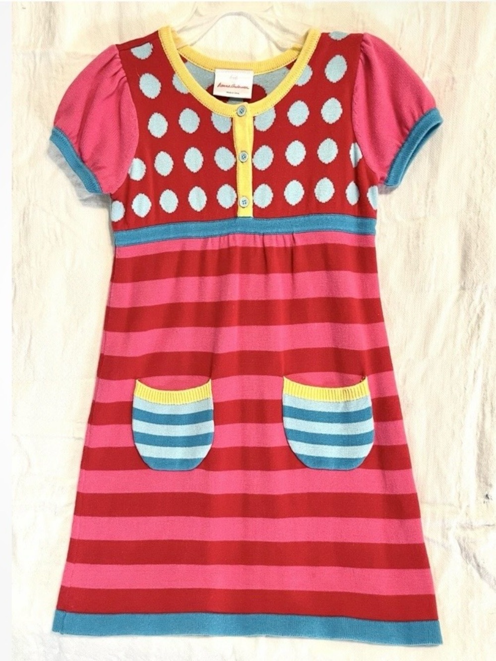 Hanna Andersson Pink & Red Striped Knit Dress with Blue & Yellow Accents